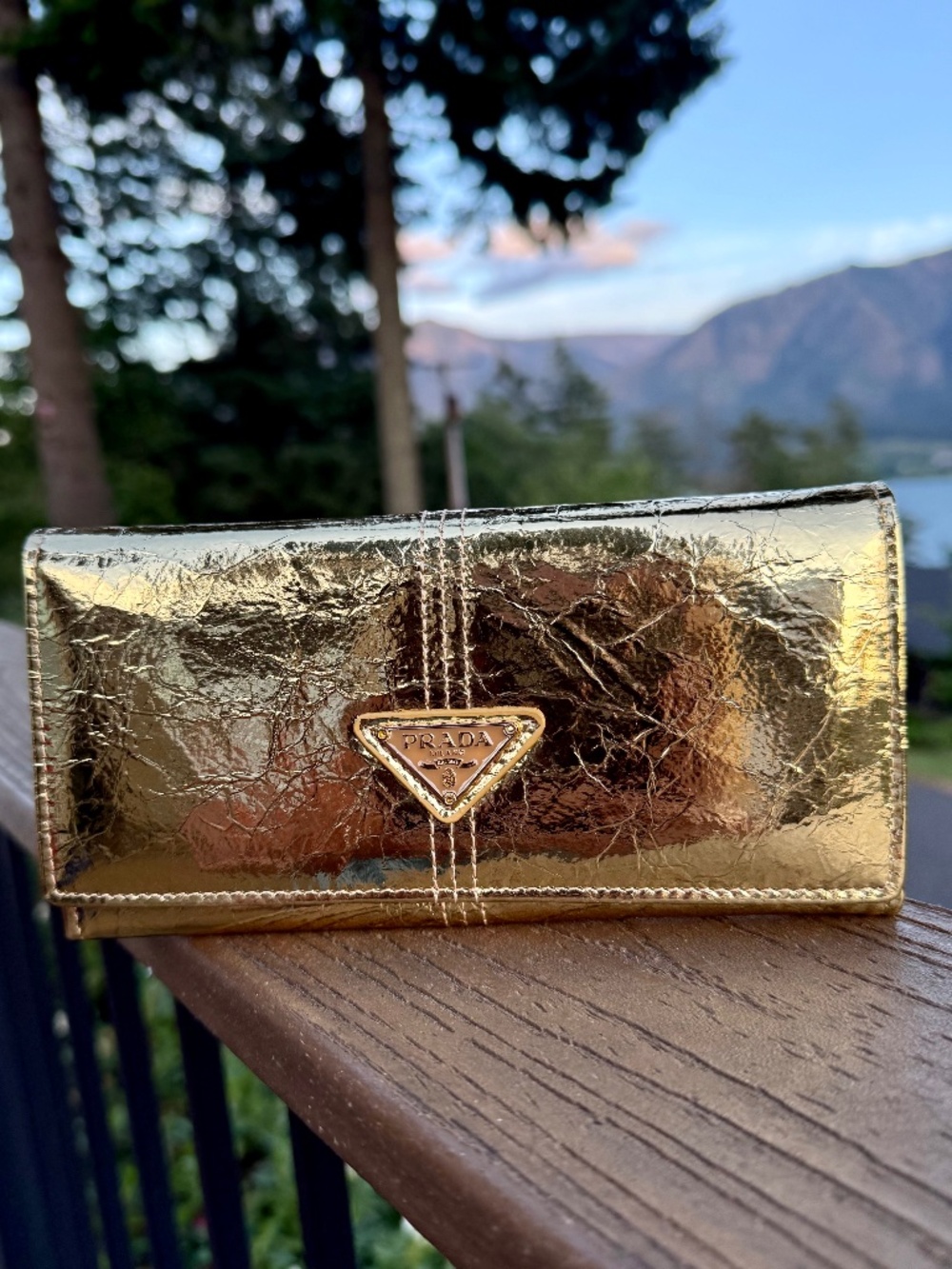 Prada Metallic gold wallet featuring a crinkled texture (Read Description)